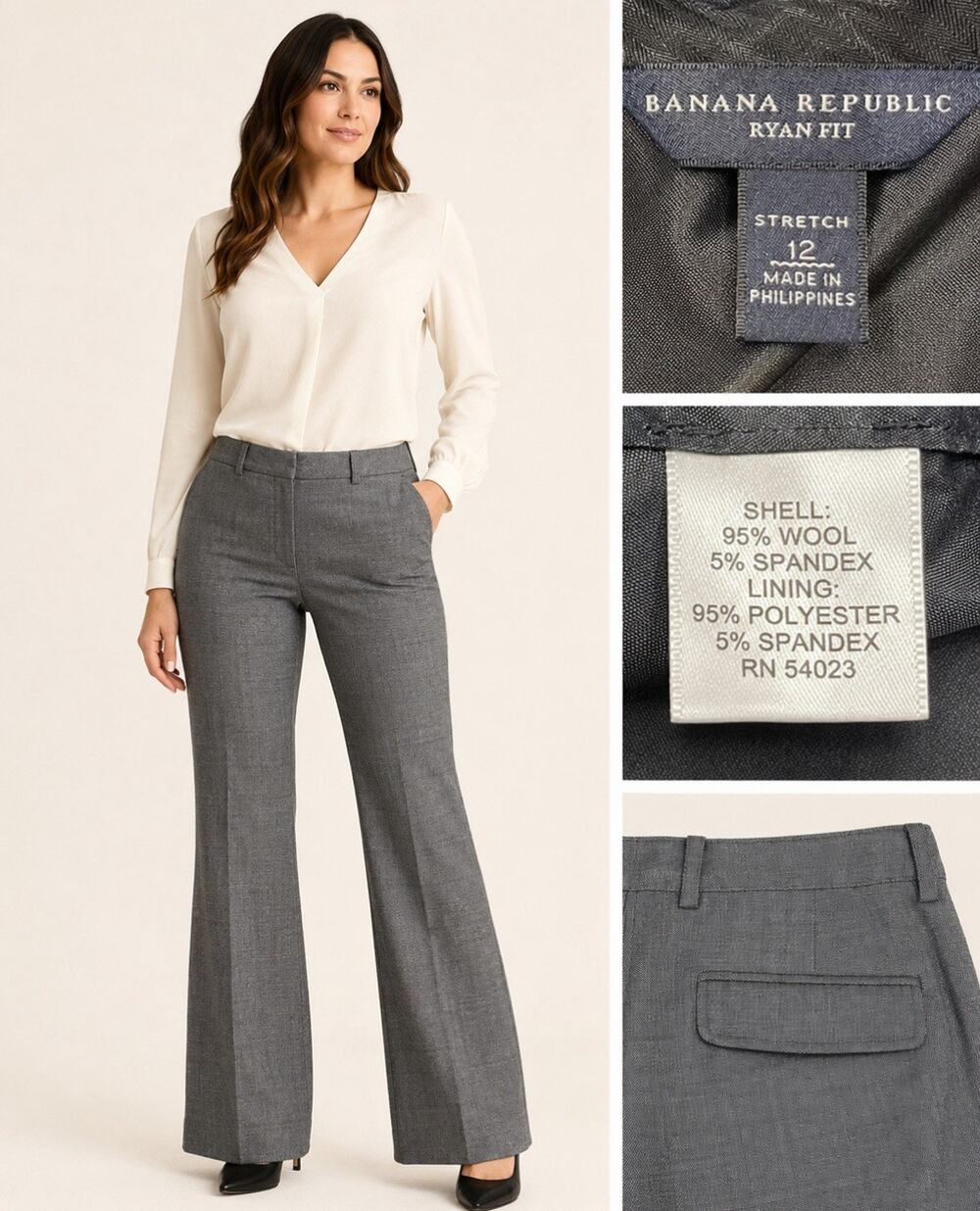 Classic Career Banana Republic Ryan Fit Flare Trousers Size 12 Gray Wool Blend